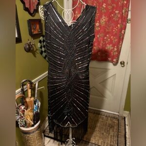 Unique Vintage 1920’s 20’s Flapper Black Beaded Fringe Midi Dress 1X 16 New NWT